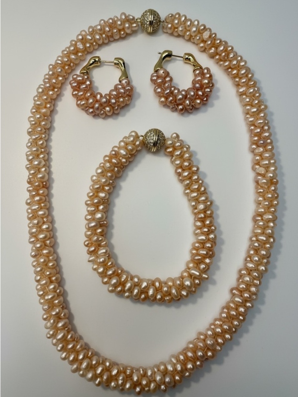 Authentic peach rice pearls, Bracelet & Hoop Earrings Set